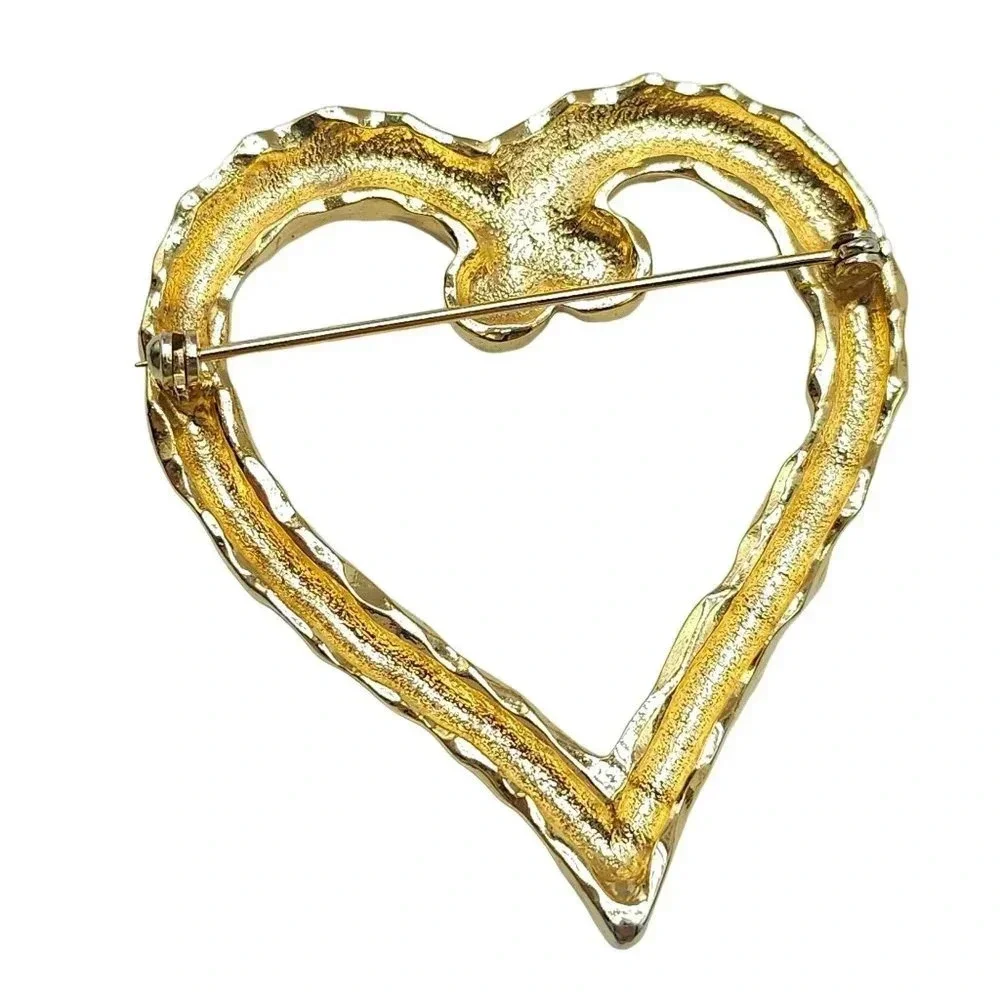 Large Hammered Heart Brooch Pin Gold Tone Vintage